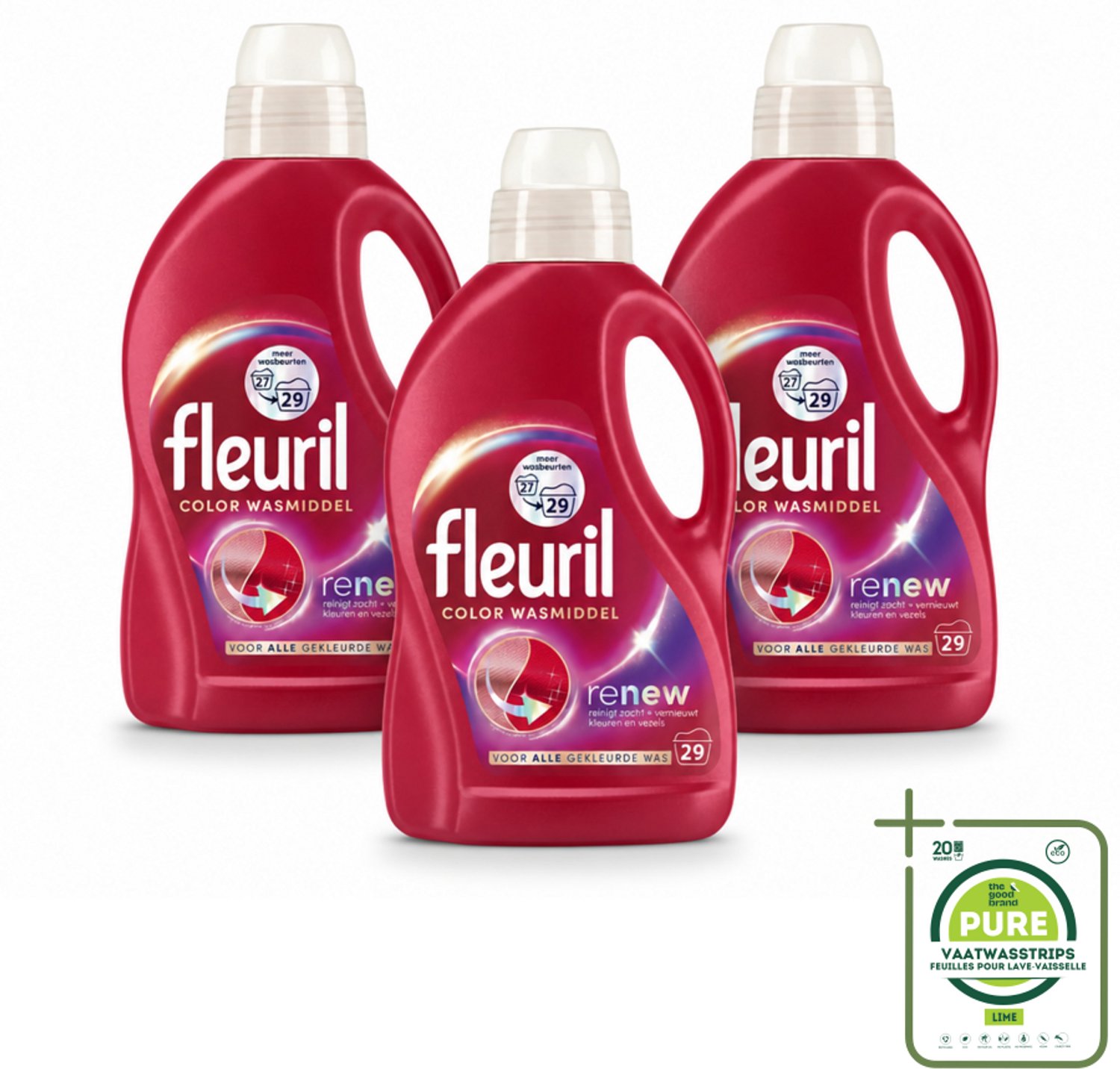 3 x Fleuril – Wasmiddel - Color – 29 wasbeurten – 1,305 L - Grootverpakking - Vaatwasstrips - Kleurbehoud - Wasmiddel Voor Gekleurde Kleding - Vlekverwijdering - Wasmiddel Voor Textiel - Wasmiddel Voor Delicate Stoffen
