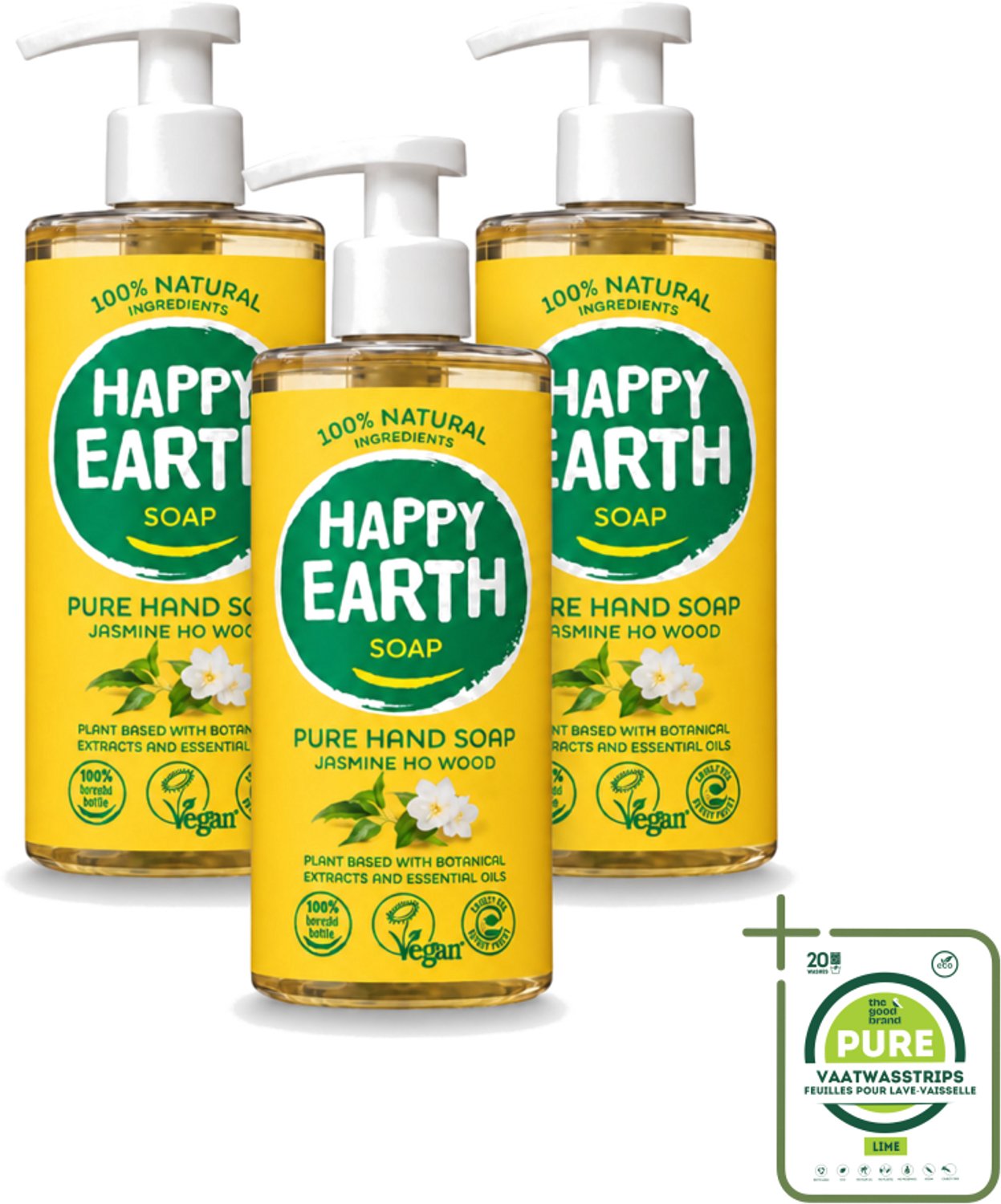 3 x Happy Earth – Handzeep – 100% Natuurlijk Jasmine Ho Wood – 300 ml - Grootverpakking - Vaatwasstrips - Natuurlijke Handzeep - Vegan Handzeep - Jasmijn Handzeep - Ho Wood Handzeep - Antibacteriële Handzeep