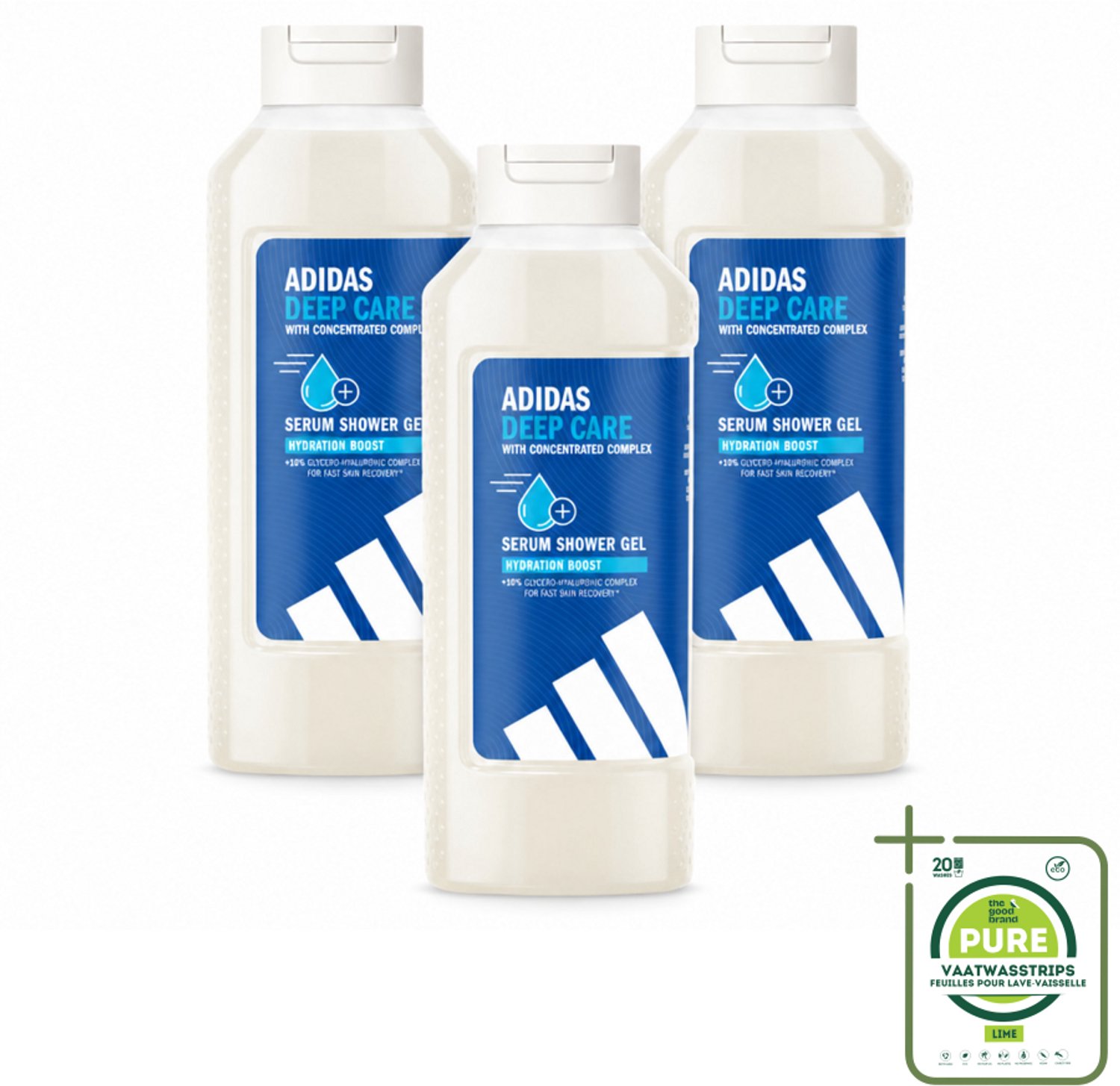 3 x Adidas – Douchegel – Active Skin & Mind Deep Care – 400 ml - Grootverpakking - Vaatwasstrips - Hydratatie Na Sport - Huid Verzorging - Douchegel Sport - Glycerine Hyaluronate - Vegan Douchegel