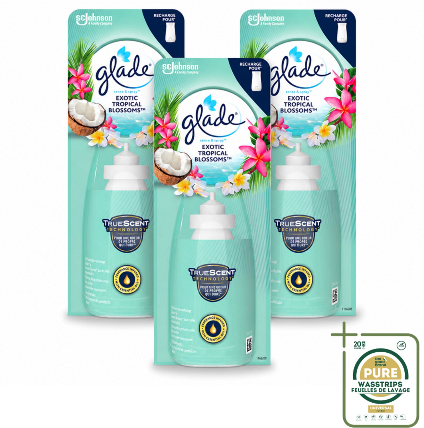 3 x Glade – Sense & Spray Navulling – Exotic Tropical Blossoms – 18 ml - Tropische Geur - Luchtverfrisser Met Bewegingssensor - Kokos En Bloemen - Exotische Geur - Luchtverfrisser