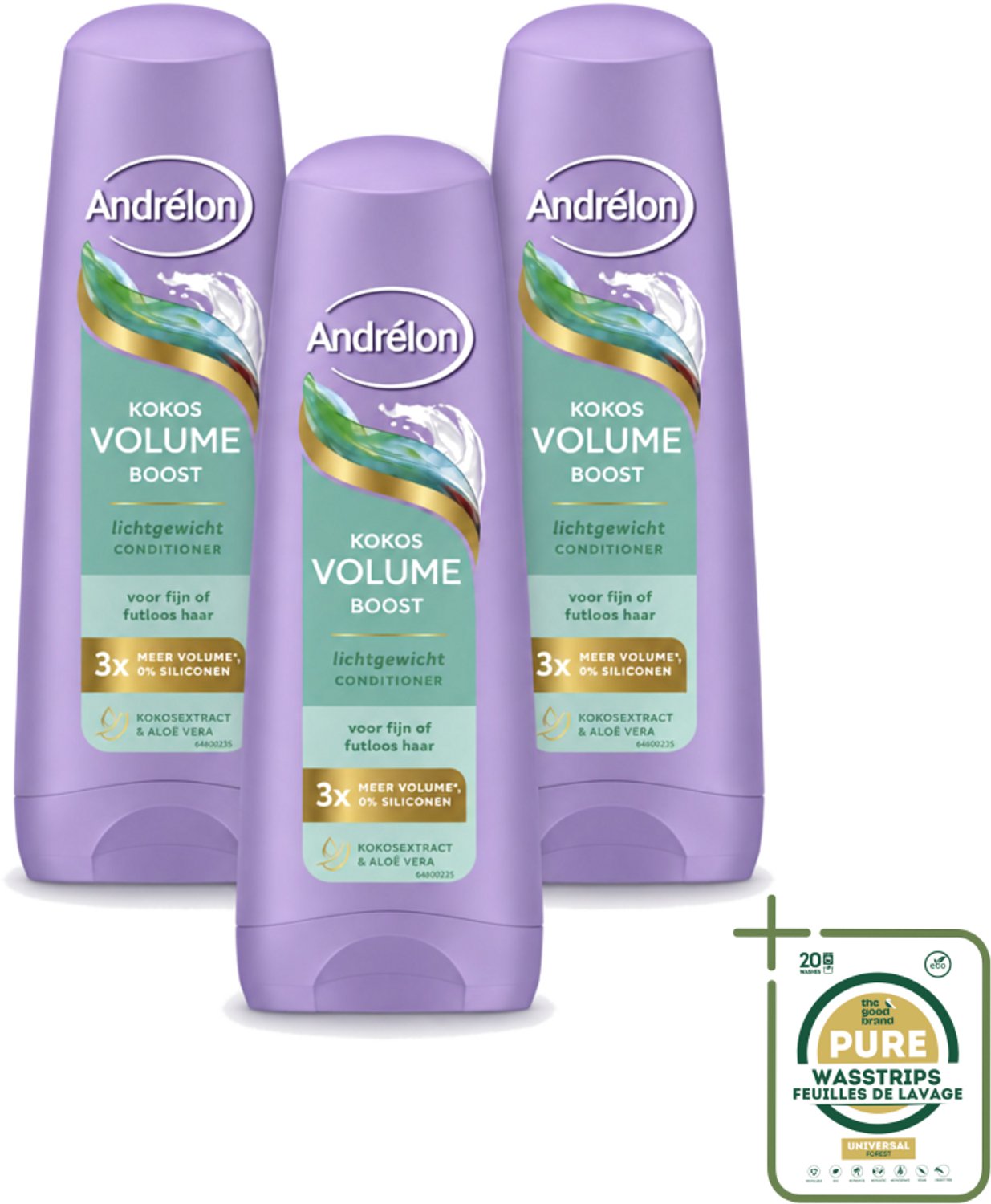 3 x Andrélon – Conditioner – Volume Boost – 200 ml - Wasstrips - Haarvolume - Kokosconditioner - Futloos Haar - Volumeboost - Luchtig Haar