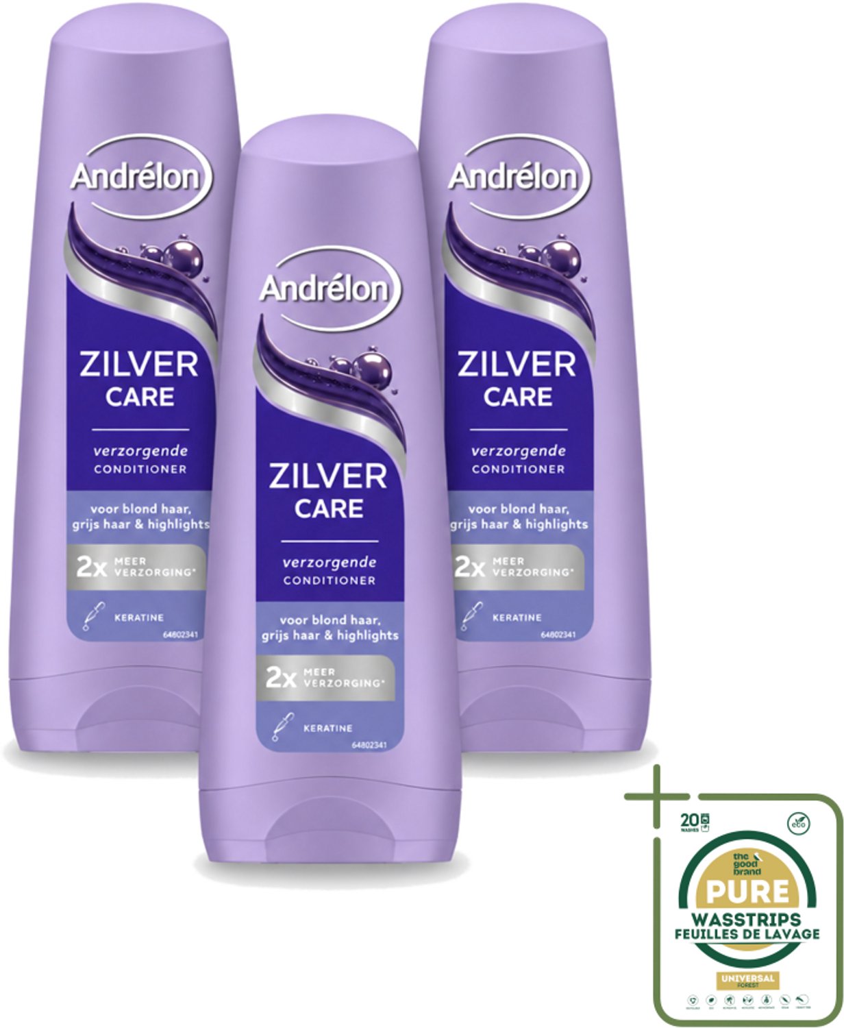 3 x Andrélon – Conditioner – Zilver Care – 200 ml - Wasstrips - Zilver Care Conditioner - Keratine Voor Haar - Verzorging Voor Blond Haar - Verzorging Voor Grijs Haar - Herstel Haar