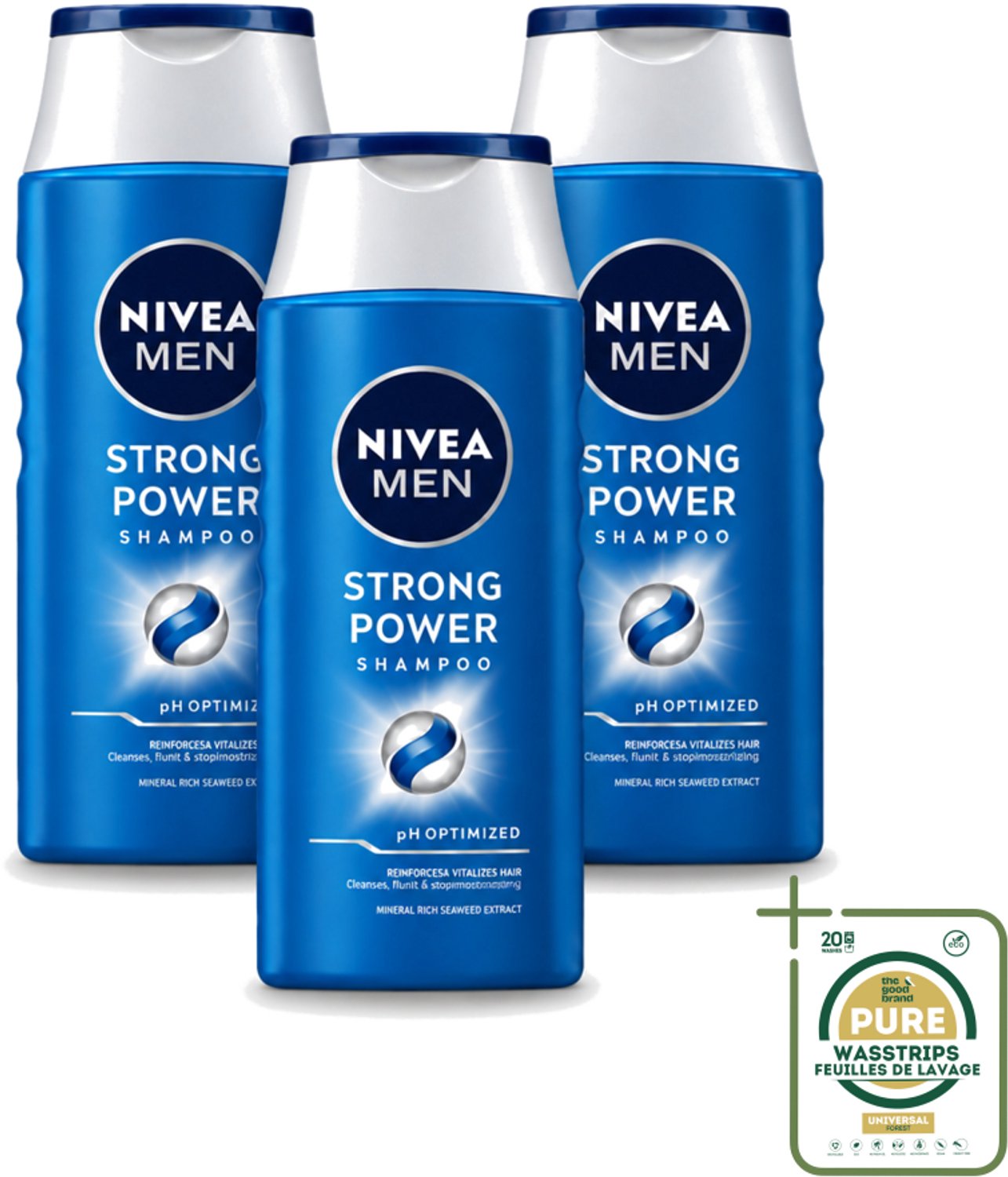 3 x NIVEA MEN – Shampoo – Strong Power – 250 ml - Wasstrips - Sterker Haar - Volume Shampoo - Krachtig Haar - Gezond Haar - Zichtbaar Sterker Haar