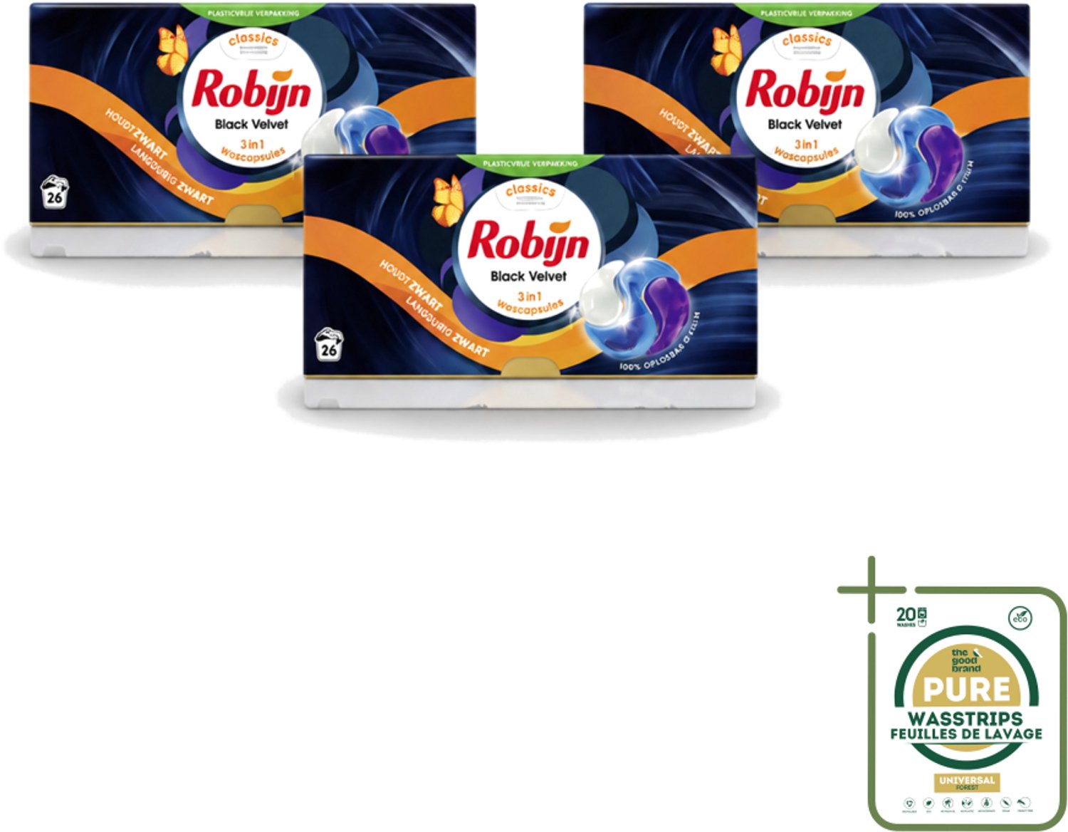 3 x Robijn – 3-in-1 Wascapsules – Black Velvet - 26 Capsules - Wasstrips - Zwarte Was - Donkere Was - Wascapsules - 3-in-1 Wasmiddel - Black Serum