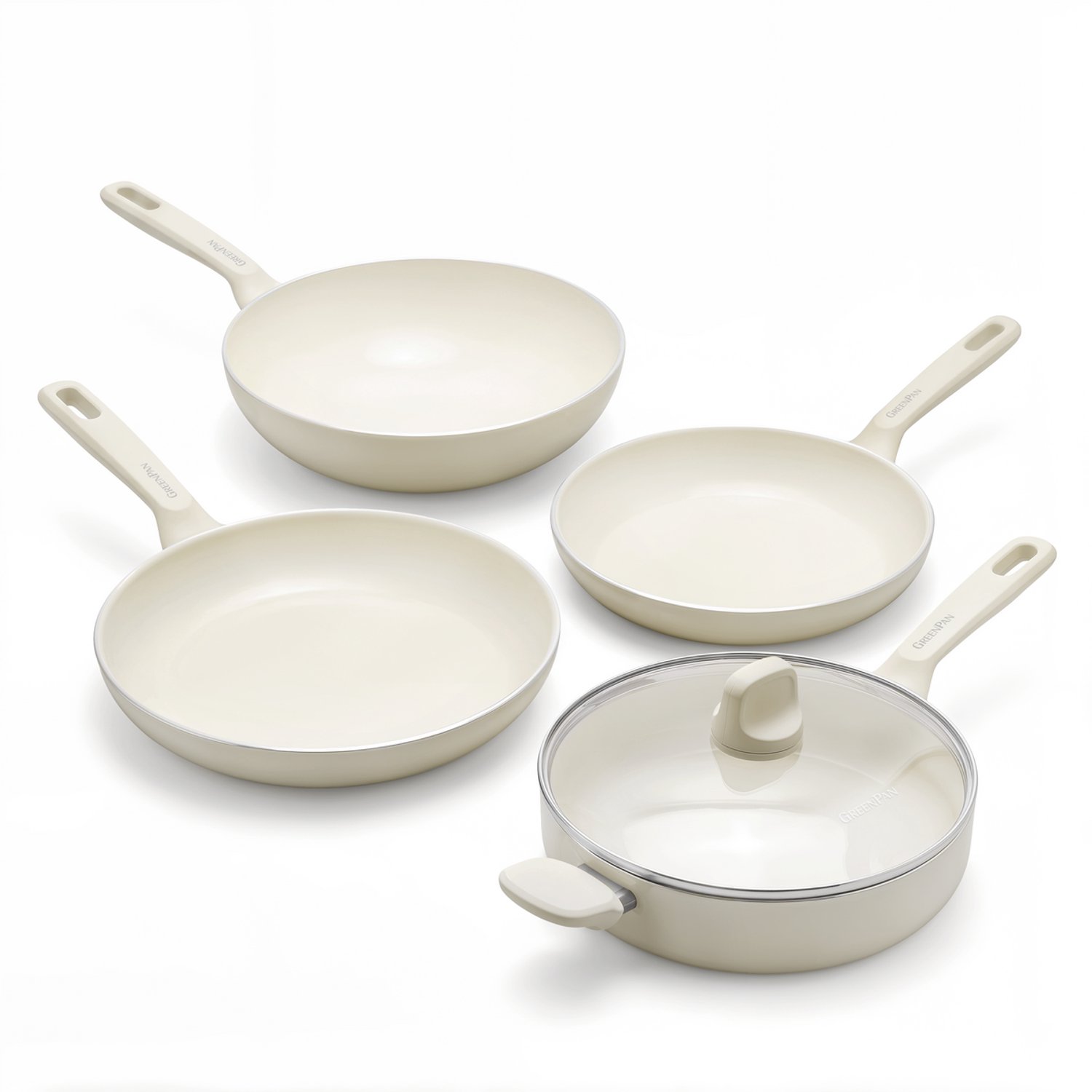 GreenPan Memphis Pannenset 4-delig - Koekenpannen 24/28 cm + Wokpan 28 cm/3,69L + Hapjespan met deksel 28 cm/4,2L - PFAS-vrije antiaanbaklaag - Pannenset inductie - Keramische pan - Ovenbestendig tot 160°C - Stay-cool handgrepen - Crème