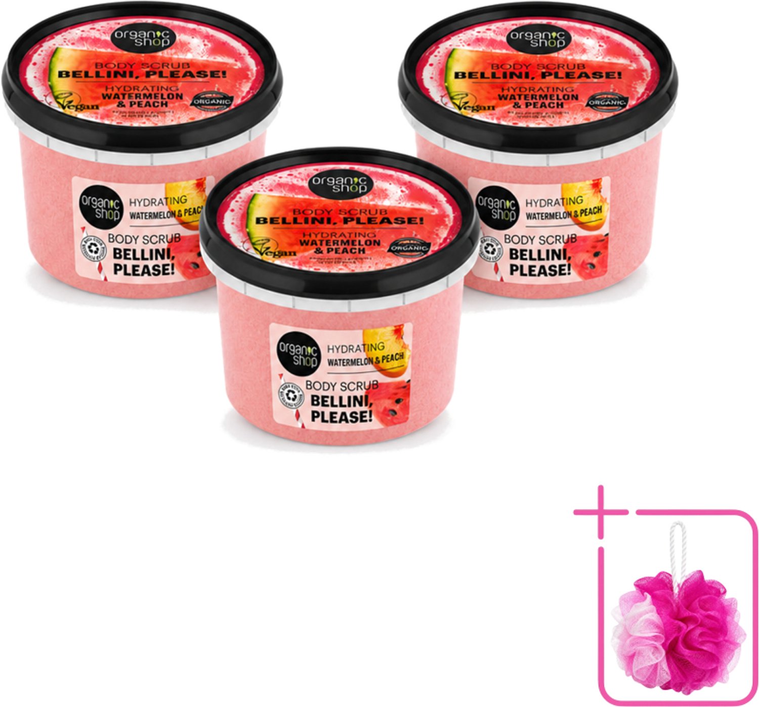 3 x Organic Shop - Body Scrub Watermelon & Peach - Hydratatie en Frisheid - 250 ml - Bulkverpakking - Bodyscrub - Douchemop - Hydraterende scrub