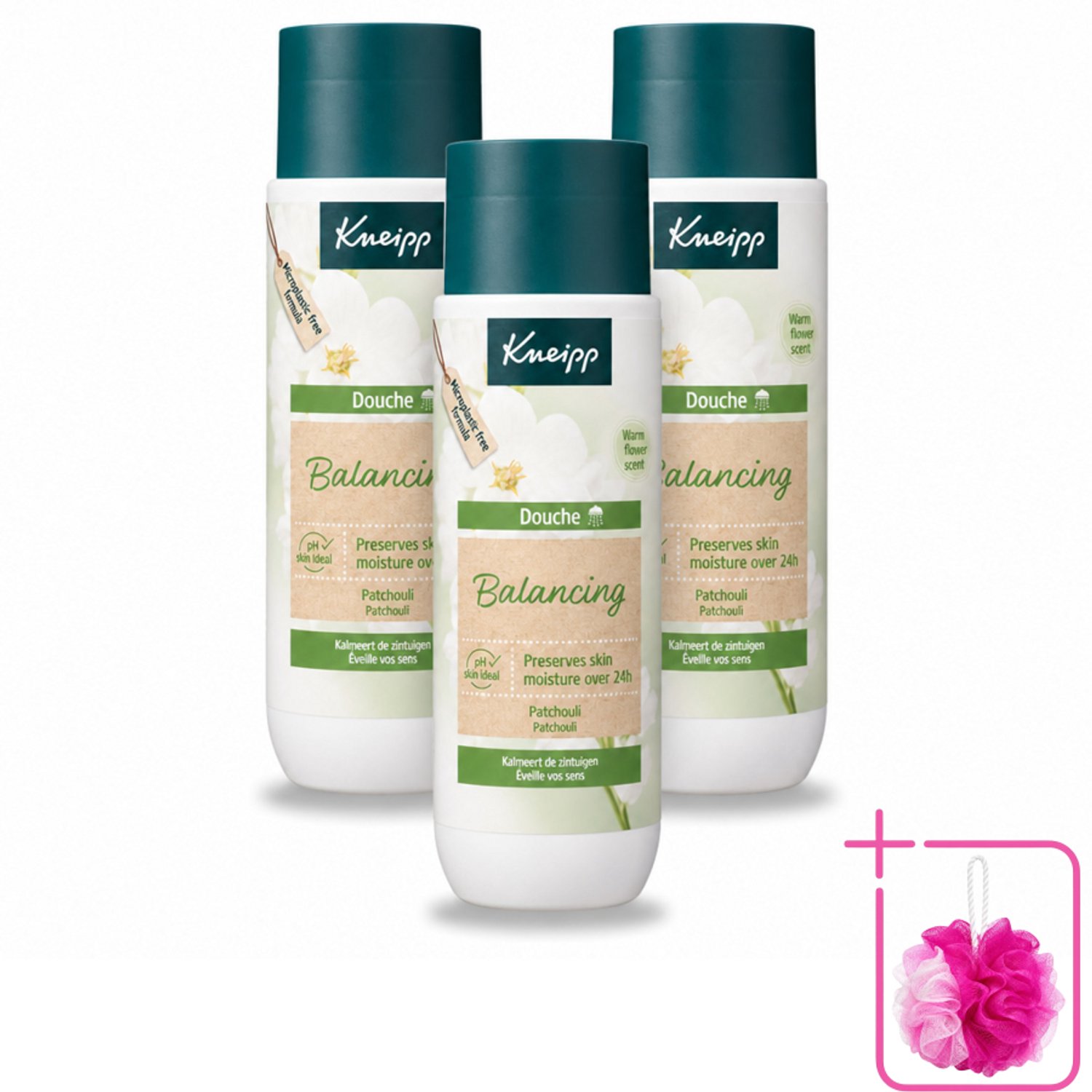 3 x Kneipp - Douchegel - Patchouli - 200 ml - Bulkverpakking - Douchegel patchouli - Douchemop - Balans huid