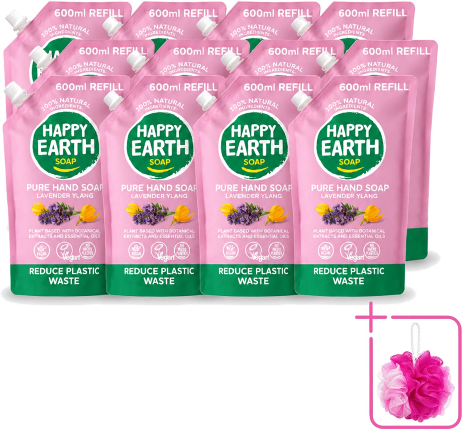 12 x Happy Earth – Handzeep Navulling – 100% Natuurlijk Lavender Ylang – 600 ml - Bulkverpakking - Natuurlijke handzeep - Douchemop - Navulverpakking