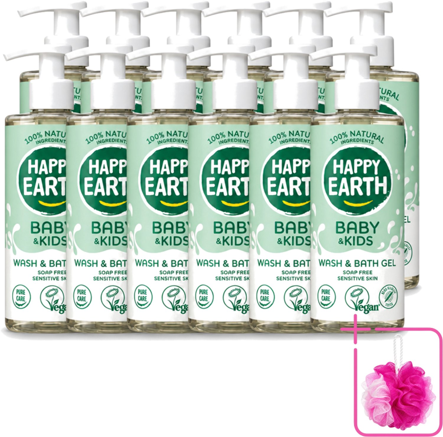 12 x Happy Earth – Was & Badgel – Zeepvrij Baby & Kids – 300 ml - Bulkverpakking - Wasgel - Douchemop - Huidverzachter