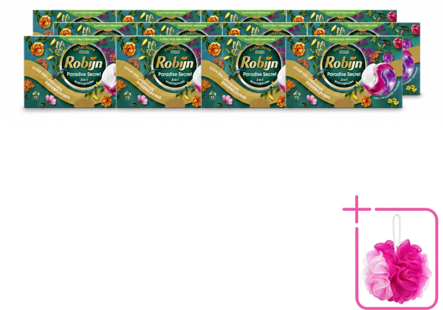 12 x Robijn – 3-in-1 Wascapsules – Paradise Secret - 15 Capsules - Bulkverpakking - Wascapsules - Douchemop - Kleurbescherming