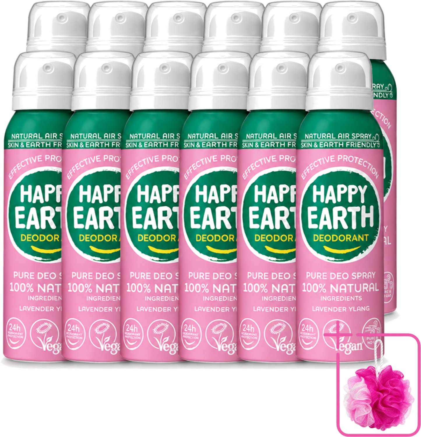 12 x Happy Earth – Deodorant Spray – 100% Natuurlijk Lavender Ylang – 100 ml - Bulkverpakking - Natuurlijke deodorant spray - Douchemop - Luchtdeodorant