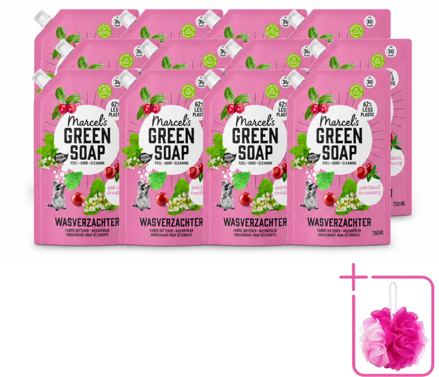 12 x Marcel’s Green Soap – Wasverzachter – Patchouli & Cranberry - Navulling – 750 ml - Bulkverpakking - Wasverzachter - Douchemop - Navulling
