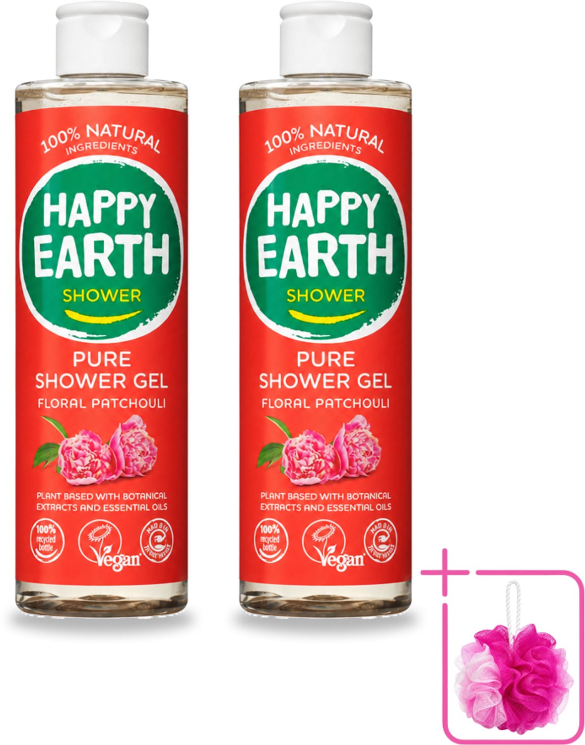 2 x Happy Earth – Douchegel – 100% Natuurlijk Floral Patchouli – 300 ml - Bulkverpakking - Douchegel - Douchemop - Natuurlijke douchegel