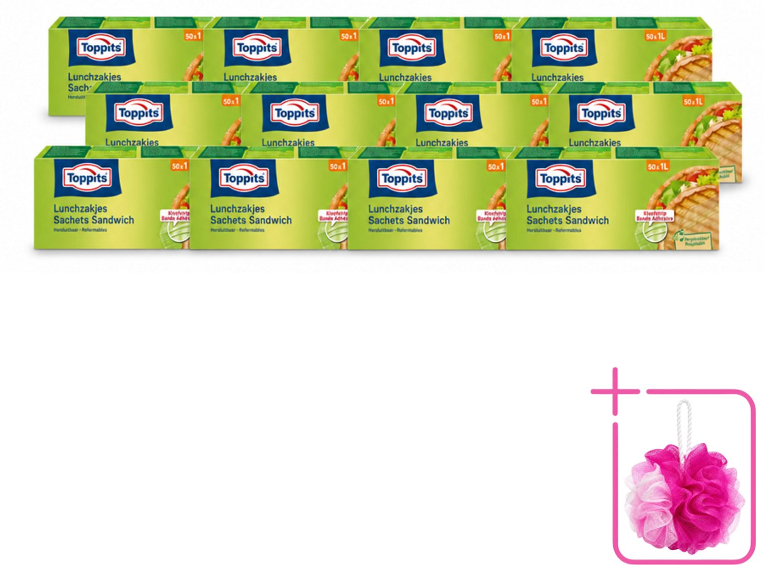 12 x Toppits – Lunchzakjes – Hersluitbaar – 1 Liter – 50 Zakjes - Bulkverpakking - Sandwichzakjes - Douchemop - Lunchzakjes