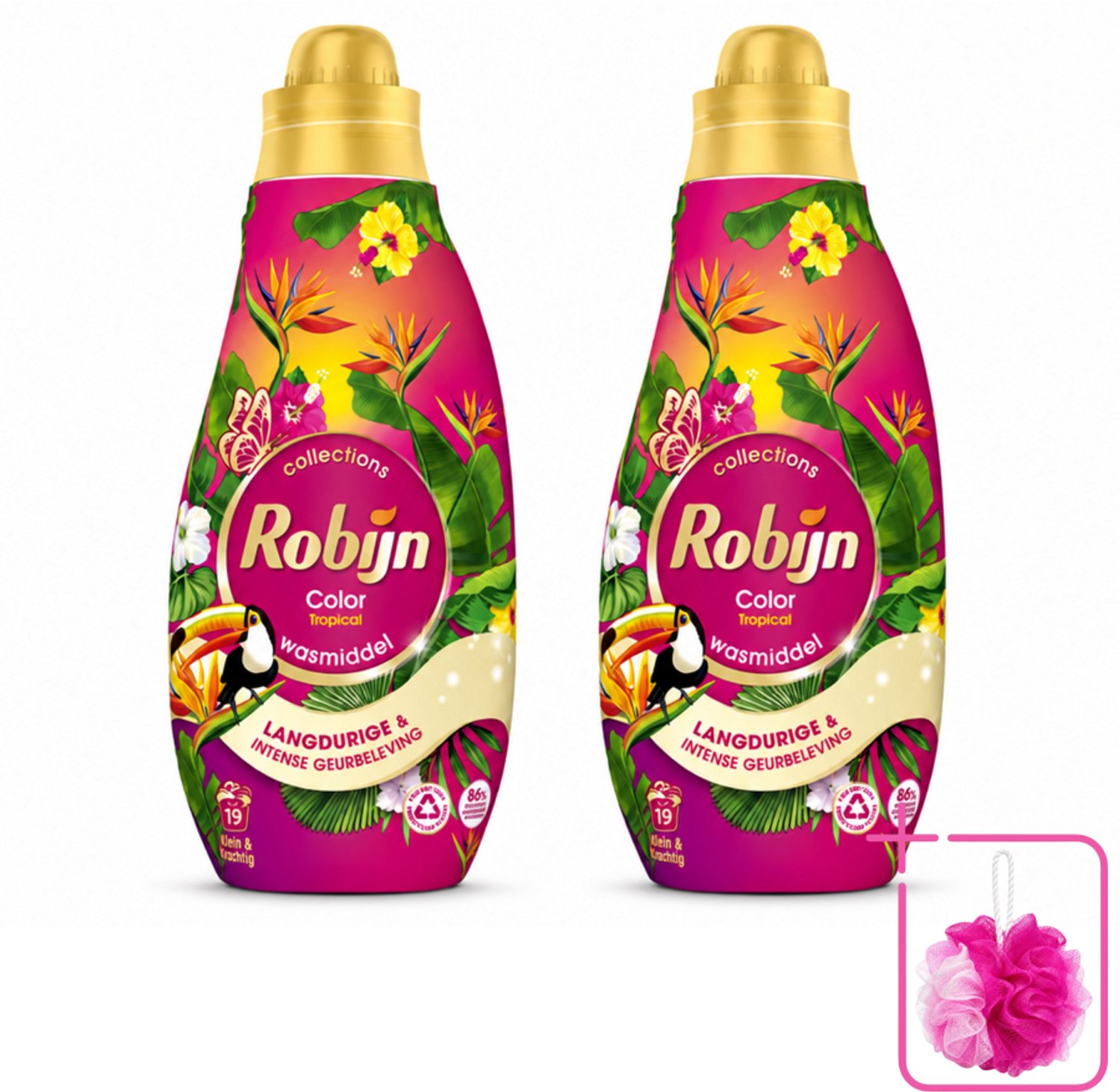 2 x Robijn - Klein & Krachtig Color Tropical - Wasmiddel - 19 Wasbeurten - 665 ml - Bulkverpakking - Kleurbehoud - Douchemop - Wasmiddel