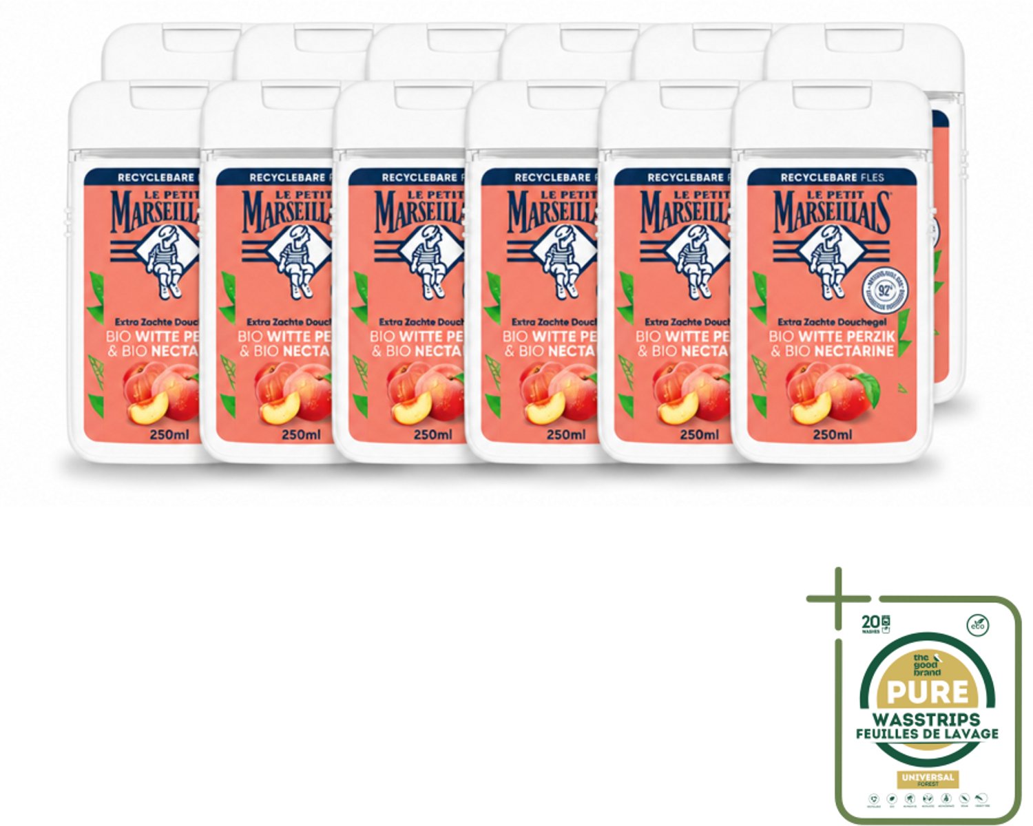 12 x Le Petit Marseillais – Douchegel – Bio Perzik & Nectarine – Verfrissend – 250 ml - Wasstrips - Douchegel Bio Perzik En Nectarine - Frisse Douchegel - Bio Douchegel - Fris Douchegel - Perzik En Nectarine Geur