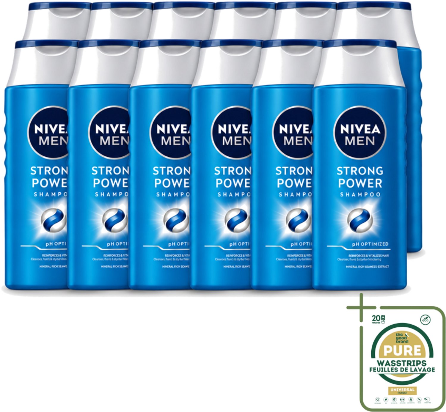 12 x NIVEA MEN – Shampoo – Strong Power – 250 ml - Wasstrips - Sterker Haar - Volume Shampoo - Krachtig Haar - Gezond Haar - Zichtbaar Sterker Haar