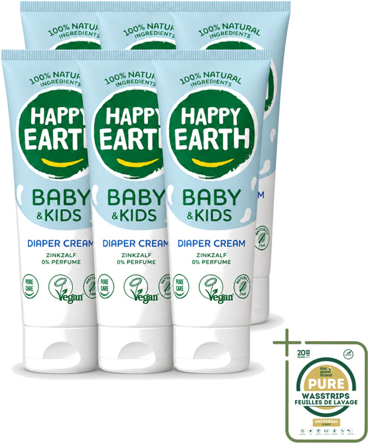 6 x Happy Earth – Diaper Cream – 100% Natuurlijk Baby & Kids – 75 ml - Wasstrips - Babybillen Crème - Luieruitslag Voorkomen - Gevoelige Huid - Zink Oxide Crème - Natuurlijke Crème