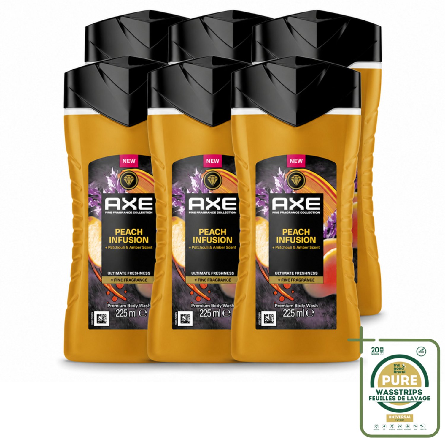 6 x Axe – Douchegel – Peach Infusion – 225 ml - Wasstrips - Douchegel - Fris Ruiken - Geur - Parfum - Luxe Geur