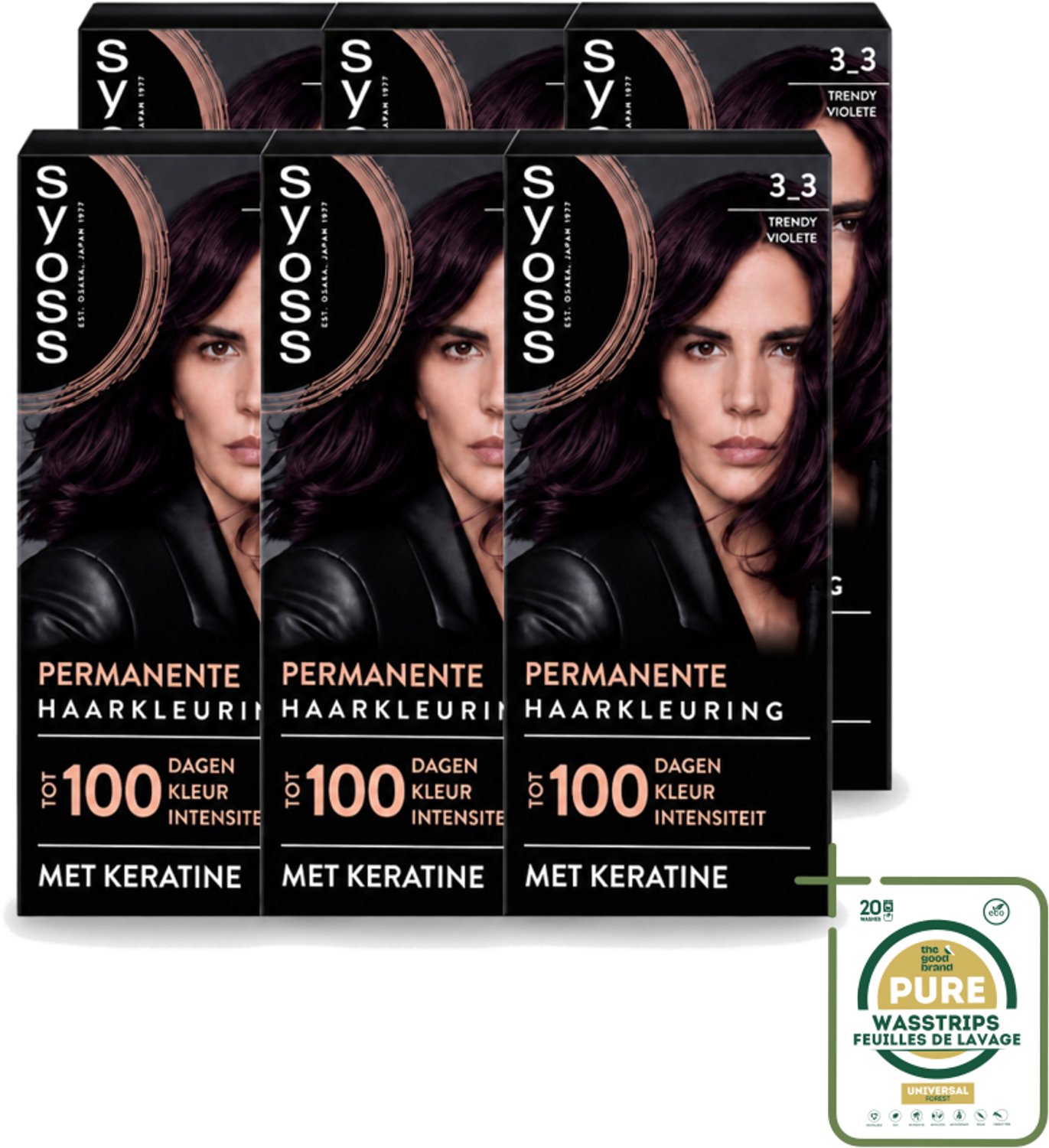 6 x SYOSS Permanent Coloration 3-3 - Haarverf - Trendy Violet - Wasstrips - Haarkleur - Haarverf - Keratine - Grijsdekking - Haarverf Permanent