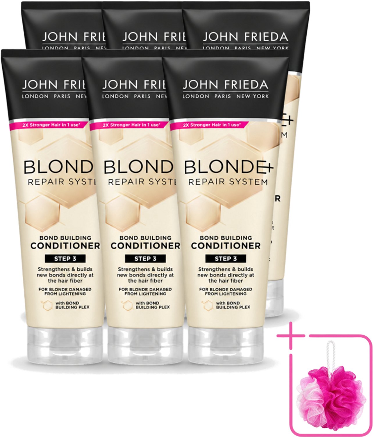 6 x John Frieda – Conditioner – Blonde+ Repair Bond Building – Herstellend – 250 ml - Bulkverpakking - Herstel blond haar - Douchemop - Beschadigd haar