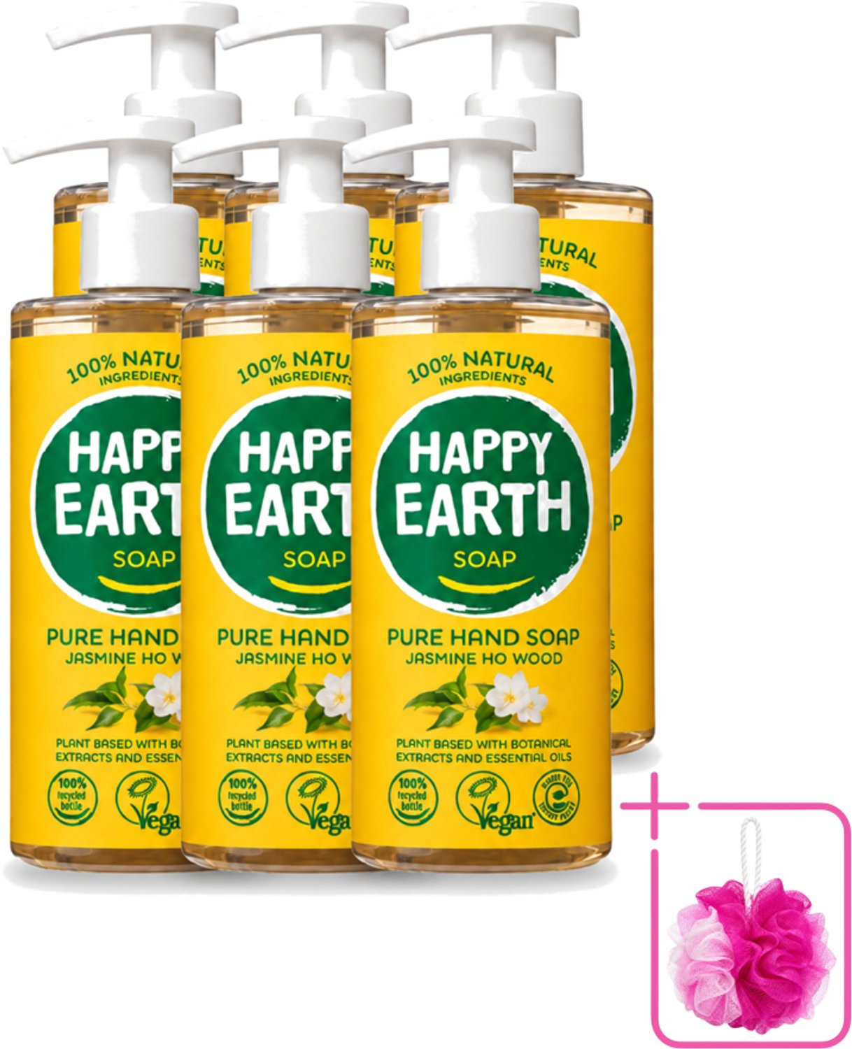 6 x Happy Earth – Handzeep – 100% Natuurlijk Jasmine Ho Wood – 300 ml - Bulkverpakking - Natuurlijke handzeep - Douchemop - Vegan handzeep