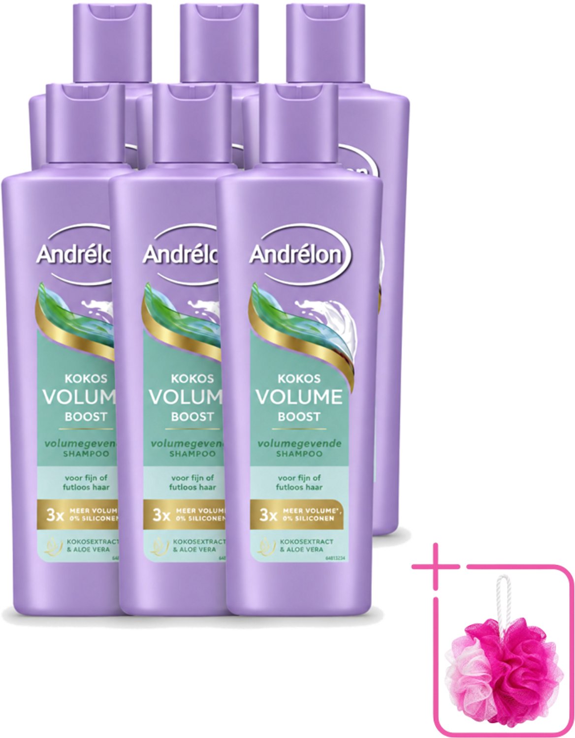 6 x Andrélon – Shampoo – Volume Boost – 250 ml - Bulkverpakking - Haar volume - Douchemop - Kokos shampoo