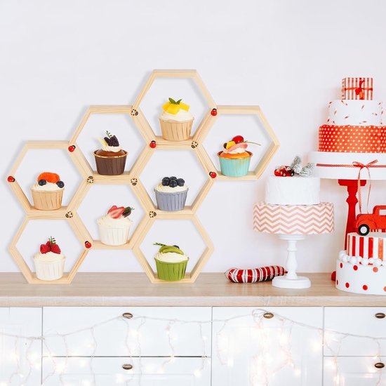 16 stuks zeshoekige honingraat cupcake standaard set - stevig dennenhout met 30 schattige bijen en 10 lieveheersbeestjes decoraties, doe-het-zelf stapelbaar bakken desserttoren voor bijenthemafeest — afbeelding 4