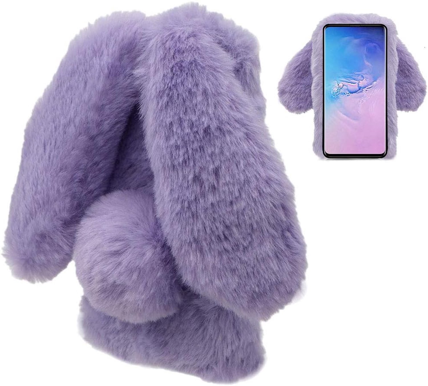 Konijn Hoes voor Huawei P30 Lite, LCHDA Pluizig Schattige Kunstmatig konijnenbont Haar Leuk Lange Oren Pluche Zacht Harig Warm Siliconen Bumper van TPU Case Beschermende Telefoon Hoesje - Paars