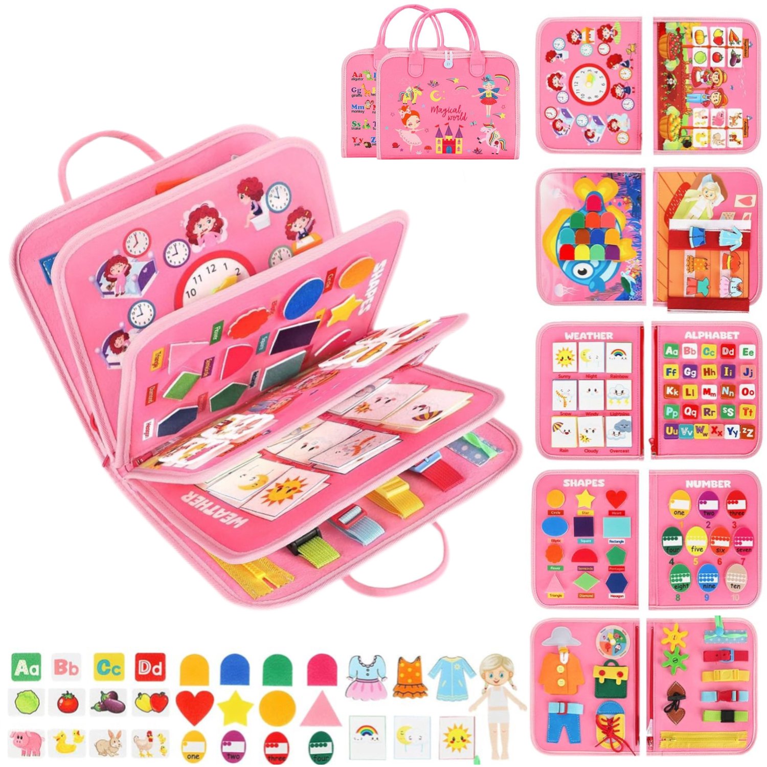 Busy Board voor Peuters – 8 Pagina's Montessori Activiteitenboek - Prinses, Kasteel, Slaapkamer & Boerderij Thema – Sensorisch Motoriek Speelgoed voor Peuters – Reisspeelgoed voor Thuis en Onderweg – Cadeau voor Jongens en Meisjes – Roze