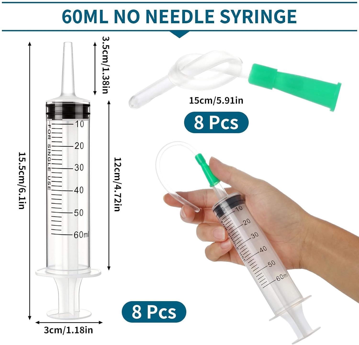 Plastic spuiten zonder naald - Transparant - 60 ml - Herbruikbare doseerspuit met slang - Voor Laboratoria en Huishoudelijk Gebruik