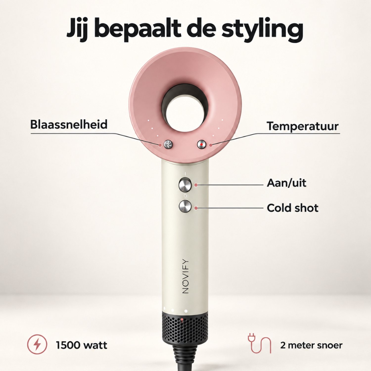 NOVIFY® Fohn - Fohnborstel - Haardroger met 5 opzetstukken - Fohn met Diffuser - 1500W - Rose Cream - 2025 thumbnail 4