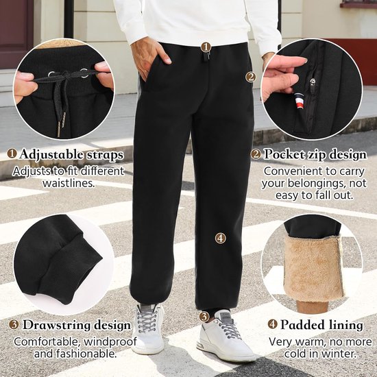 Voqeen Joggingbroek, voor heren, warm, sportbroek, met ritssluiting, zakken, vrijetijdsbroek, lange sweatpants, trekkoord, sherpa, fleece, gevoerd — afbeelding 5