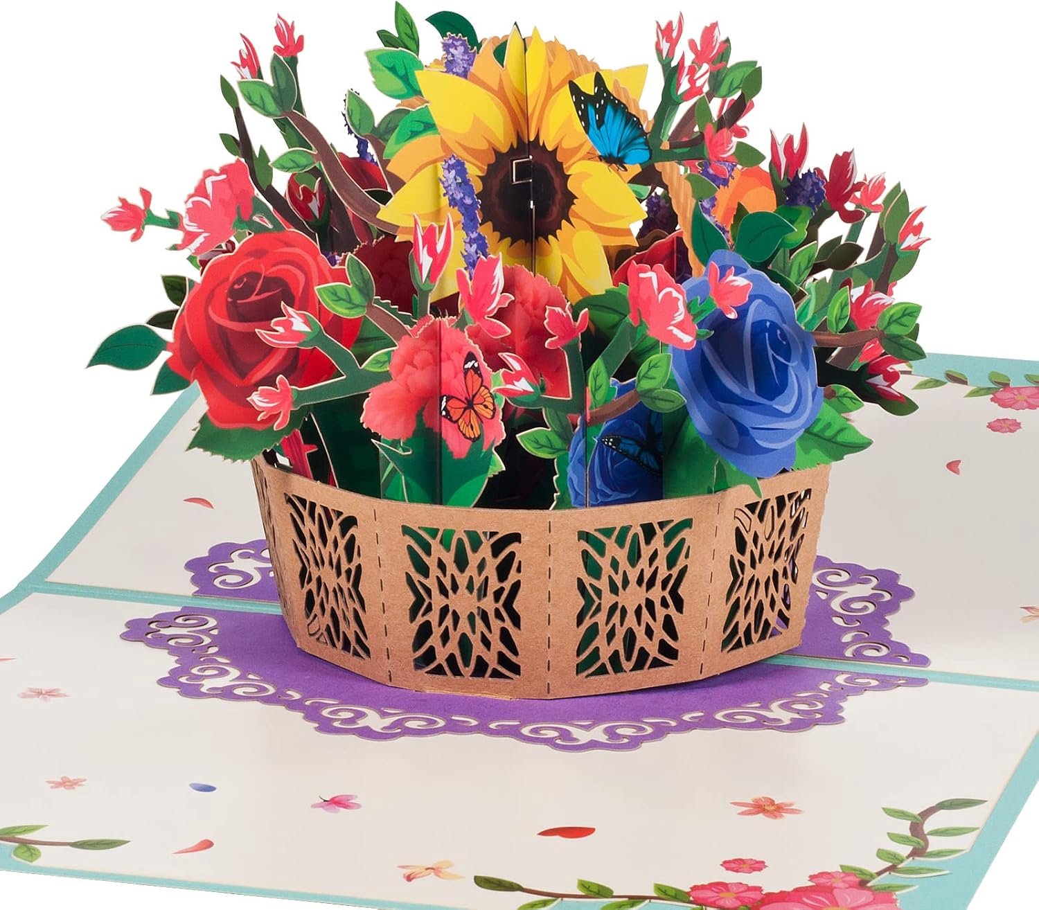 3D pop-up verjaardagskaart, Valentijnskaart, bedankkaart, afstudeerkaart, kaart voor verjaardag, bruiloft, jubileum, verloving, Valentijnsdagkaart met envelop, rozen en zonnebloemen, bloemenmand