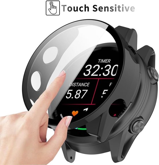 2 stuks harde hoes compatibel met Garmin forerunner 570 42mm met beschermende film, 9H hardheid Hart PC dunne gehard glazen hoes voor slimme,2 zwart — afbeelding 4
