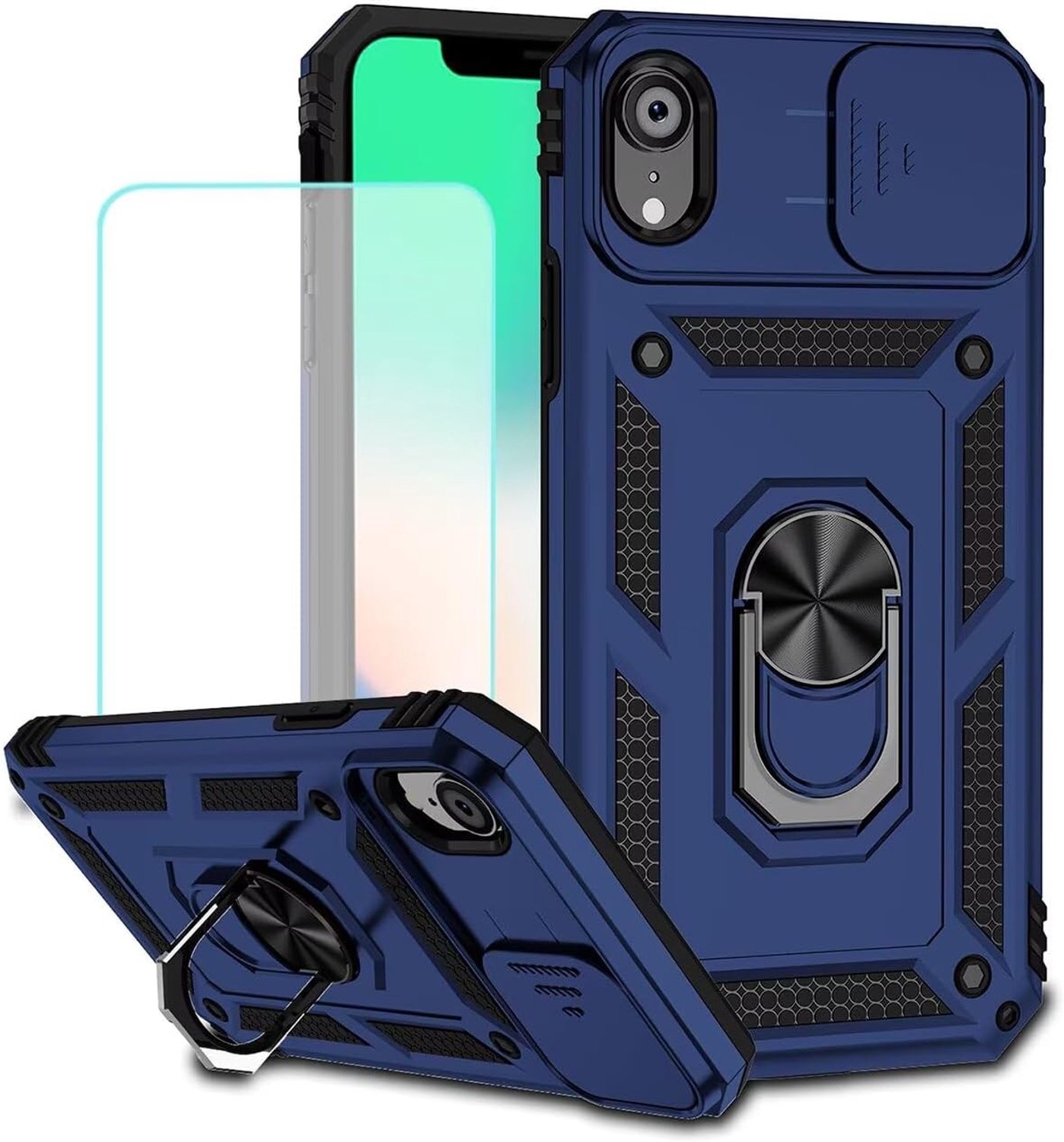 Hoesje voor iPhone XR 6,1 inch met schermbeschermer van gehard glas en schuifcamera-hoes, magnetische ring autohouder standaard beschermhoes voor Apple iPhone XR, blauw
