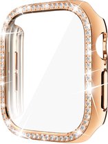 Stravo Case / Hoesje voor Apple Watch Series 12 46mm – Full Cover met Screenprotector – Hardcase Beschermhoesje met Strass Rand – Roségoud