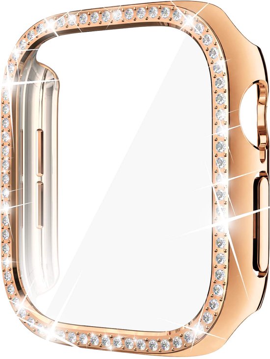 Roségouden horlogehoesje met sprankelende strass-rand en ingebouwde screenprotector.