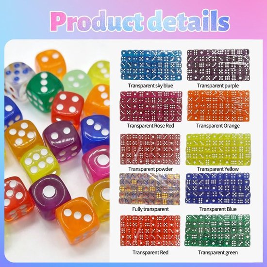 100 stuks kleurrijke dobbelstenen set met zwart fluwelen zakje, transparante kleurdobbelstenen in 10 kleuren voor tafelspellen en bordspellen, 6-zijdige speeldobbelstenen set acryl dobbelstenen — afbeelding 4