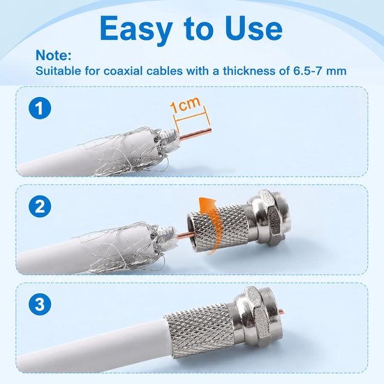 10 stuks F-stekker, F-schroefstekker, RG6 coaxkabel om vast te schroeven, waterdichte afdichtring, SAT-antennestekker, coaxconnector, satellietinstallatie, tv-kabelaansluiting, ontvanger, antenne — afbeelding 3