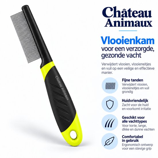Zwarte en gele vlooienkam van Château Animaux met fijne tanden en ergonomische grip.