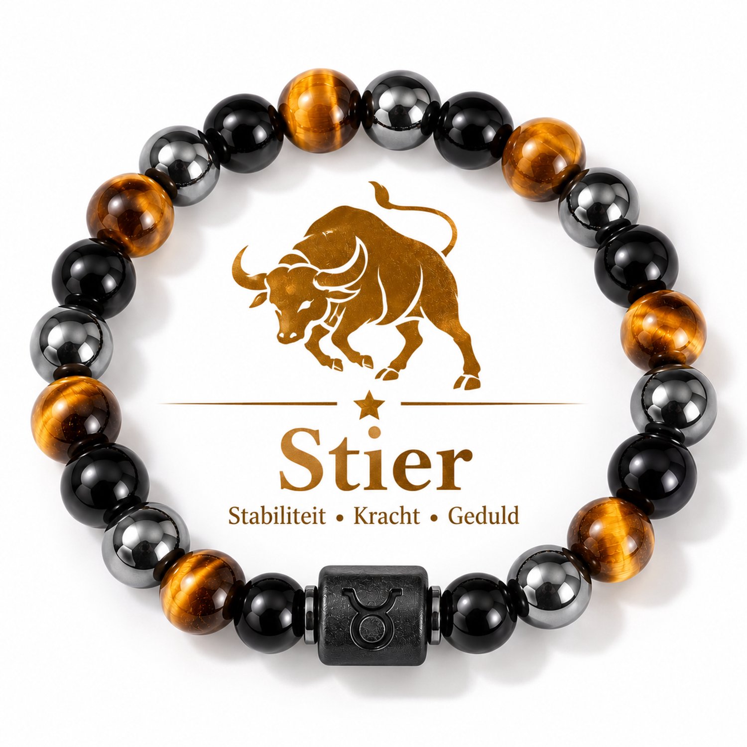 S4H® Sterrenbeeld Armband Stier – Tijgeroog, Zwarte Agaat & Hematiet – 8 mm Edelsteen Kralen – 18 cm – Unisex