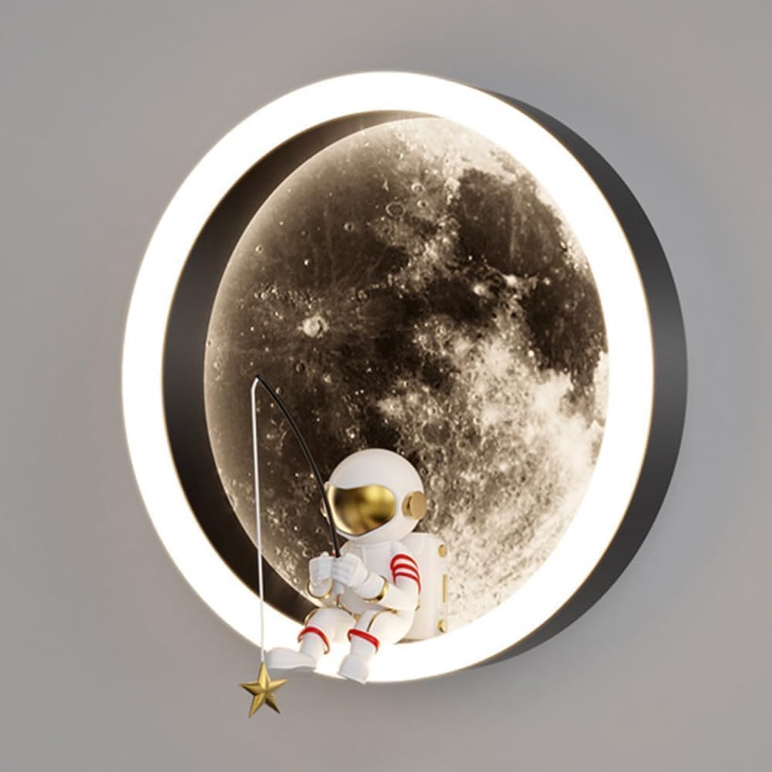 LED maan wandlamp voor kinderen, binnen, astronaut decoratie, creatieve ronde bedwandlamp, Bedrading vereist，12W, 3000K, voor kinderkamer en slaapkamer (A: Zwart)
