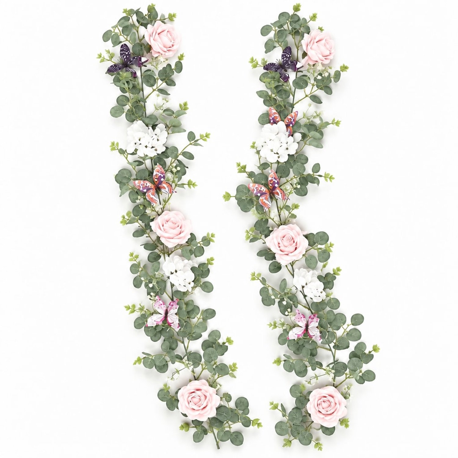YYchan Kunstplant Eucalyptus Slinger met Roze Rozen en Vlinders - Set van 2