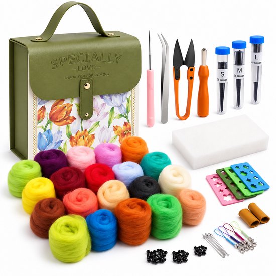 Naaldvilten starterset met 20 kleuren wol, naaldjes, schaar, pincet, viltblok en opbergdoos met bloemenprint.