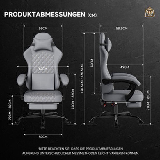 Gamingstoel – Gaming Chair – Bureaustoel – Gamestoel – Werkstoel – Ergonomisch Echt Leer – Massagefunctie – Uittrekbare Voetensteun – Grijs – Draagt 150 kg — afbeelding 2