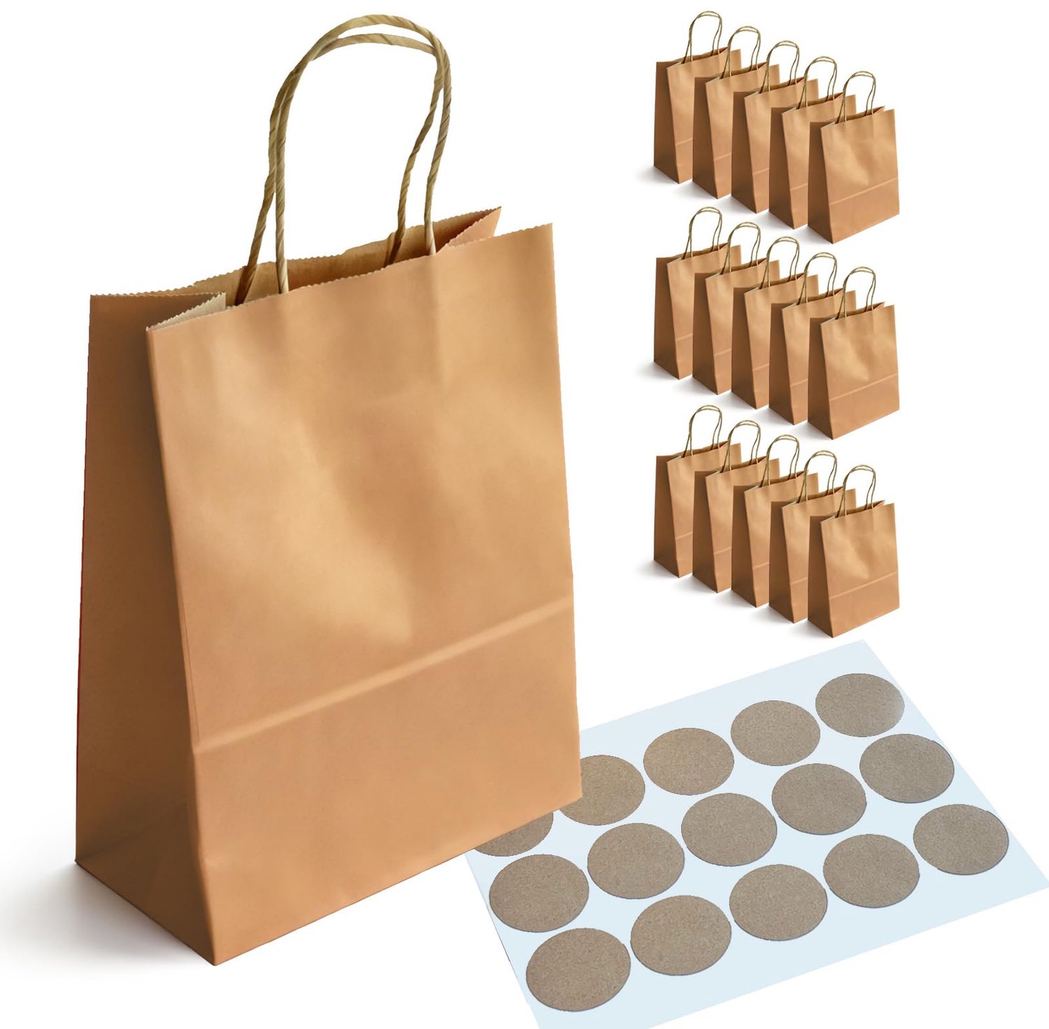BaiMoure Set van 15 Kleine Cadeautassen Bruin - 150 GSM Premium Papieren Zakjes met Handvat, 15x8x21cm Kraftpapier Tasjes voor Kinderfeestje, Bruiloft
