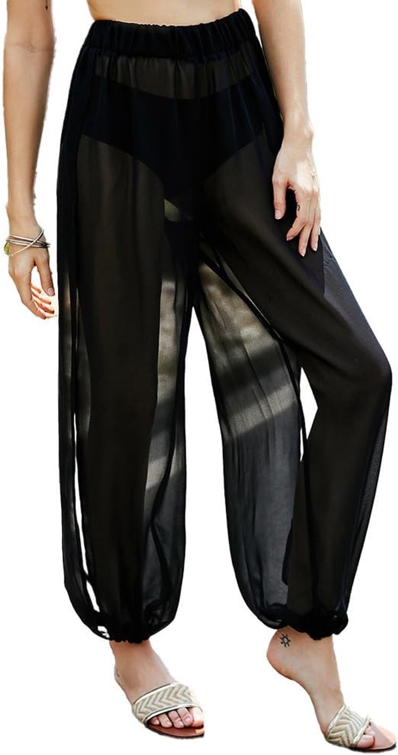 Damesbroek van chiffon, hoge taille, strandbroek, zijsplit, doorzichtig, lang, zomerbroek, elegante broek, mesh, strand, badpak, split, dijen, overtrekbroek voor dames