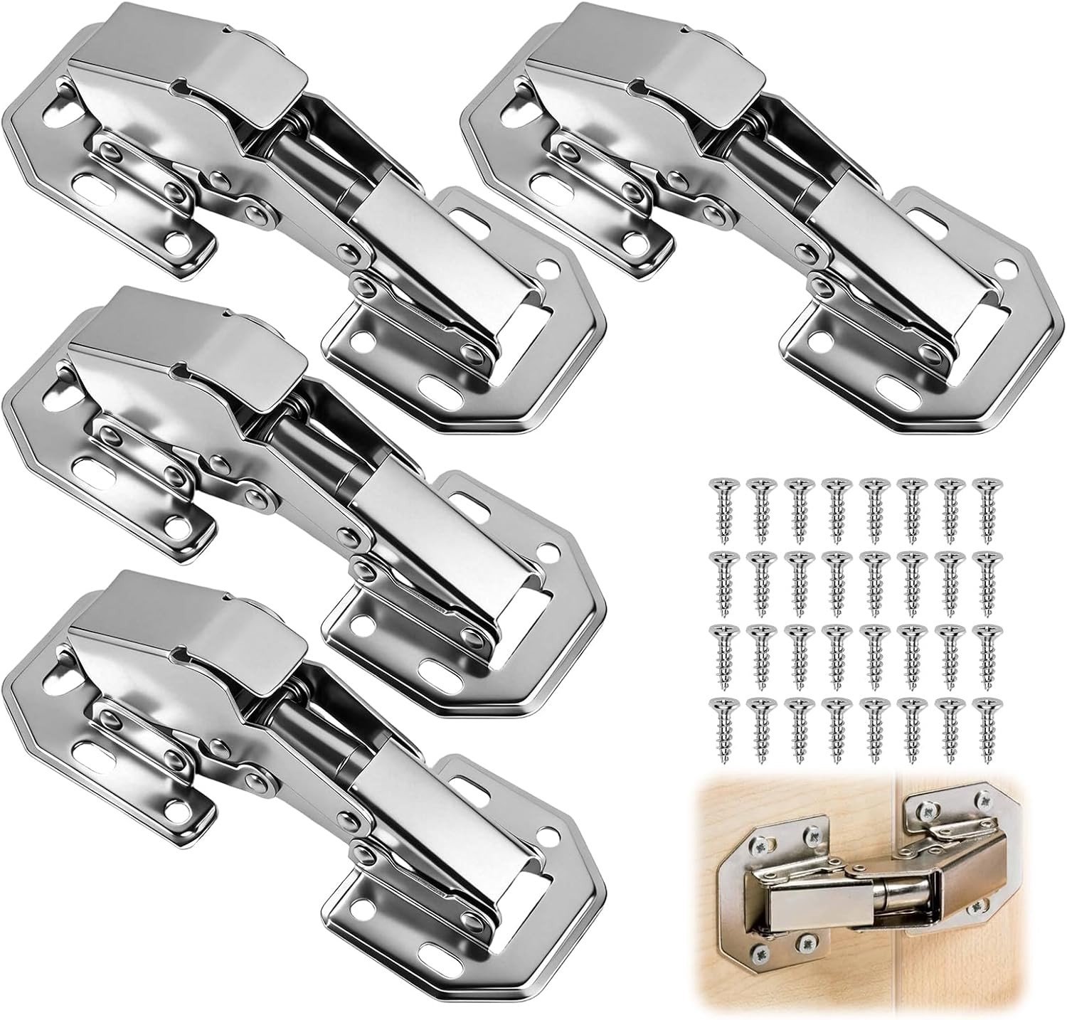 4 Soft Close Scharnieren voor Keuken- en Meubeldeuren met Scharnier Schroeven 90° en Hydraulische Demping, 113 x 43 mm, Inclusief 32 Schroeven voor Houten Deuren