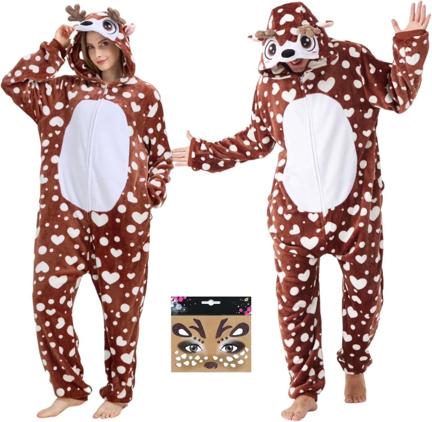 Hertenkostuum Volwassenen Onesie Unisex Dier Jumpsuit Hooded voor Vrouwen Mannen Pyjama Een Stuk Rendier Cosplay voor Halloween Kerstmis